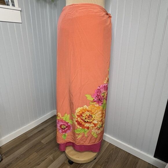 MUSE Women’s Sz 14 100% Silk Floral Print Wrapped Tied Lined Maxi Skirt Pink Ora - Picture 2 of 14